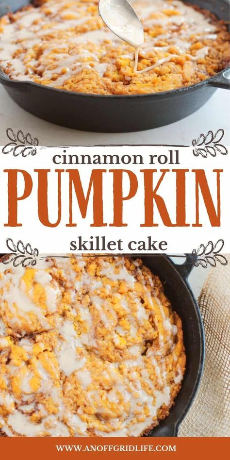 Cast Iron Dessert Recipe for Fall: Pumpkin Cinnamon Roll Skillet Cake This pumpkin cinnamon roll skillet cake is the perfect sweet treat to enjoy during fall. The recipe uses spiced frosting, making it the perfect dessert to celebrate the season. Plus, this cast iron skillet dessert is easy to make! Skillet Recipes Dessert, Skillet Dessert, Dutch Oven Desserts, Homestyle Meals, Skillet Desserts, Cast Iron Skillet Cooking, Homestead Recipes, Skillet Bread, Campfire Desserts