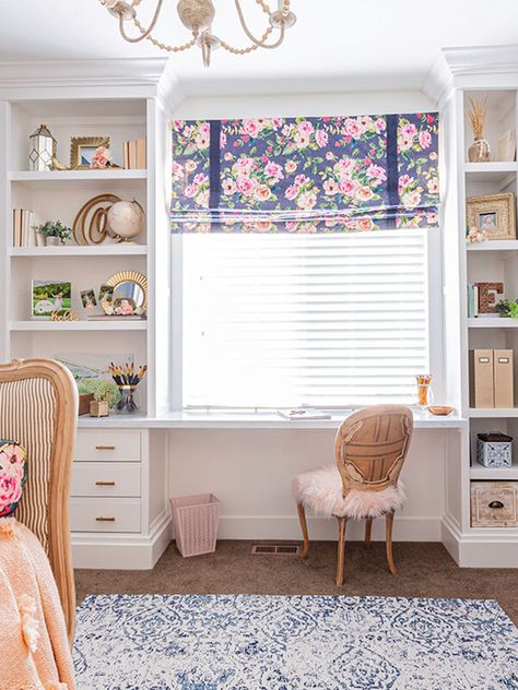 With second hand finds, see how we created a custom built in desk with shelves. This inexpensive DIY project is an impressive focal point in this bedroom. Bookshelf Built In Desk, Built In Desk With Shelves, Diy Built In Desk, Built In Bookshelf, Built In Desk And Shelves, Kids Room Desk, Ikea Built In, Desk With Shelves, Bedroom Built Ins