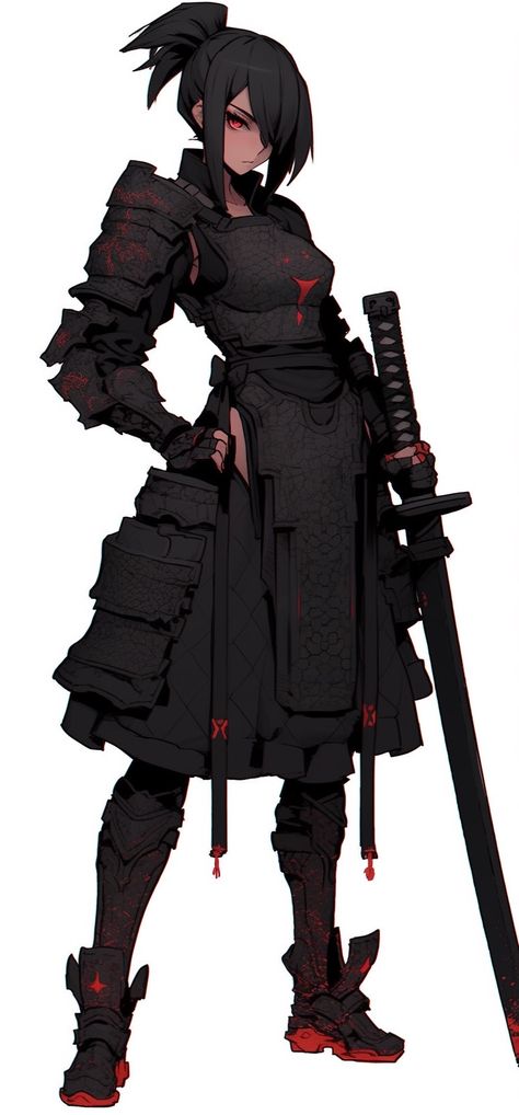 Female Swordsman Anime Oc, Lancer Rpg Character Design, Cyberpunk Samurai Character Art, Shadow Swordsman, Berserker Character Design, Cyberpunk Swordsman, Samurai Armor Art, Rwby Raven Branwen, Samurai Armor Design