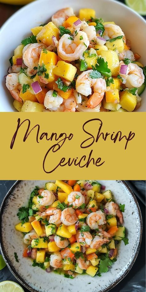 🍤 Fresh, tangy, and full of tropical flavors, this Quick Mango Shrimp Ceviche with Avocado is the ultimate summer appetizer! With juicy shrimp, ripe mango, creamy avocado, and zesty lime, this dish is perfect for BBQs, pool parties, or a refreshing light meal. Ready in under 30 minutes, this ceviche is a vibrant, healthy option that will wow your guests. 🌿🍋 Pin it now for your next summer gathering and enjoy the tropical flavors! #shrimpceviche #seafoodrecipes #summermeals #mangoavocado 🥭 Shrimp Mango Appetizer, Mango Salsa And Shrimp, Shrimp Ceviche With Mango, Mango Shrimp Ceviche, Shrimp And Mango Recipes, Appetizers For Mexican Food, Latin Appetizers For Party, Shrimp Charcuterie Board, Appetizers With Shrimp