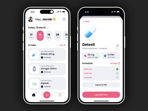 Meditask - Medication Reminder by Ilya Kolesnikov🤘🏻💎 on Dribbble Pill Reminder App, Goal App, Medication Reminder, App Design Layout, Medical App, Food Delivery App, App Interface Design, Ticket Design, Health Tracker