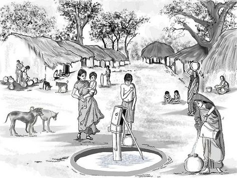 Village Well Drawing, My Village Drawing, Scene Drawing Reference, Village Scene Drawing, Village Drawing, Memory Drawing, Landscape Pencil Drawings, Perspective Sketch, Human Figure Sketches