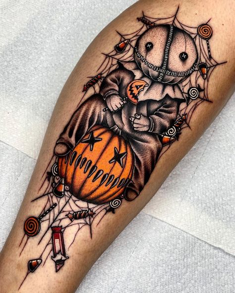 Leg Tattoos Horror, Dark Halloween Tattoos, Halloween Horror Tattoo Ideas, Halloween Theme Tattoo Ideas, Sam Trick R Treat Drawing, Halloween Hand Tattoos, Sam Trick R Treat Tattoo, Spooky Tattoo Sleeve, Trick Or Treat Tattoo