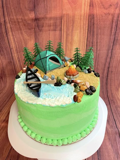 Camping themed birthday cake! 🏕 🔥 🪨 💦 🛶 | Camping birthday cake, Cake, Dairy free cake Camping First Birthday Cake, Camping Cakes Birthday, Birthday Cake Camping, Outdoors Cake, Camping Cake Ideas, Camping Themed Cake, River Cake, Hiking Cake, Camp Cake