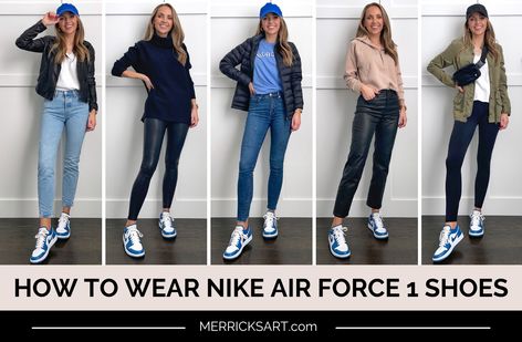 Outfits With Nike Air Force 1's (4 Mom Outfits) - Merrick's Art Women’s Nike Air Jordans, Styling Air Force 1, Women’s Nike Air Force 1 Outfit, Outfits With Nike Shoes Women, Nike With Jeans Outfits, Air Force 1 Teacher Outfit, How To Style Airforce 1 Outfits, Jeans With Air Force Ones, Casual Outfits Nike Shoes