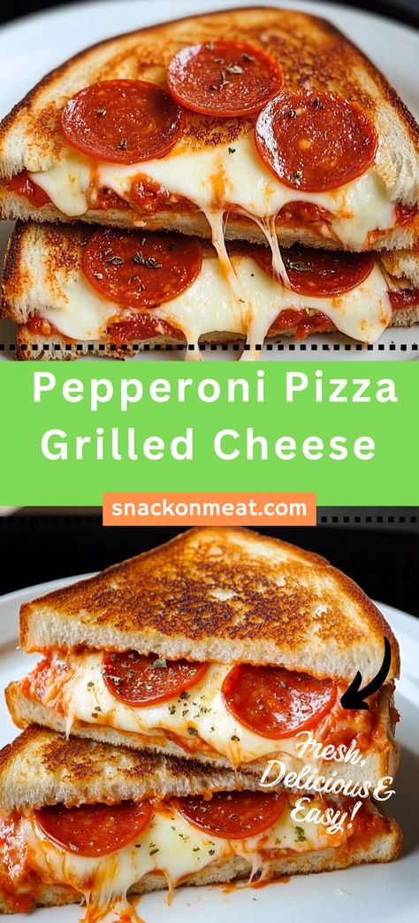 Pepperoni Pizza Grilled Cheese 🍕🧀 - Snack On Meat Pepperoni Sandwich, Pizza Grilled Cheese Sandwich, Pizza Grilled Cheese, Classic Grilled Cheese, Pizza Sandwich, Grilled Cheese Sandwiches, Cheese Snacks, Cheese Sandwich, Ultimate Comfort Food