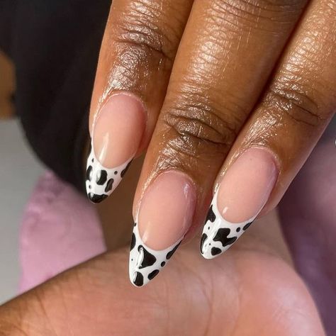 Astrid Hernandez 💓 on Instagram: "Loving a cow print 🤠 #southbendnails #almondnails #574nails #frenchnails #frenchies #frenchtipnails #acrylicnails #cowprintnails" Cow Print French Nails, Almond Cow Print Nails, Cow Print French Tips, Cow Nails, French Tip Nail Designs, Print Nails, A Cow, Coffin Nails Designs, Nails Inspo