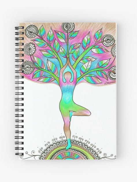 Tree pose Asana Vrkasana Yoga drawing Spiral Notebook Yoga Front Page Design, Yoga File Cover Decoration, Yoga Pose Drawing Simple, Yoga Project Cover Page, Yoga Drawing Easy, Yoga Poster Drawing, Yoga Pose Drawing, Yoga Poses Drawing, Holistic Yoga