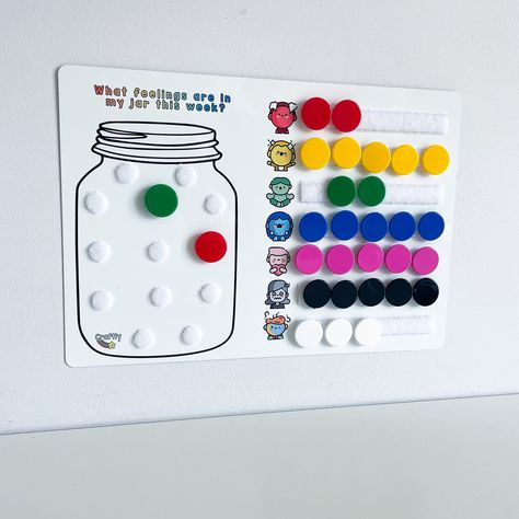 This board helps your child to recognise and talk about their emotions that they may be feeling. It helps younger children to relate them to colours, and referring back to their colourful jar full of wonderful emotions! It’s a great representation of how many feelings we can hold at the same time or through a week. A useful tool to identify emotions and open a conversation as to why they felt like that. Printed on to an a4 aluminium board Emotions Kids Activities, Jar Of Feelings, Colour Emotions, Feelings Activities For Kids, Monster Emotions, Child Therapy Office, Emotion Board, Emotions For Kids, Feelings Activity