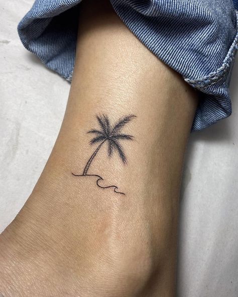 Island Tattoos For Women, Island Tattoos, Palm Tattoo, Beachy Tattoos, Island Tattoo, Palm Tattoos, Small Palms, Ankle Tattoo, Word Tattoos