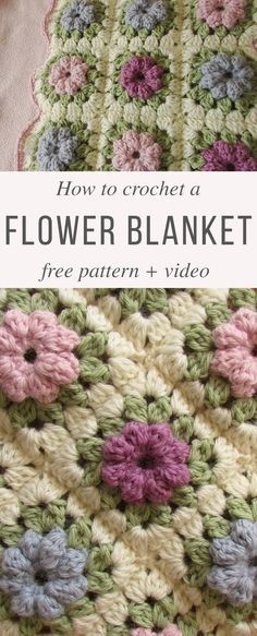 Puff Flower Blanket Free Crochet Pattern Video Tutorial Puff Flower Blanket, Puff Stitch Flower, Granny Square Häkelanleitung, Motifs Granny Square, Crochet Flower Blanket, Crochet Puff Flower, Puff Flower, Beau Crochet, Confection Au Crochet