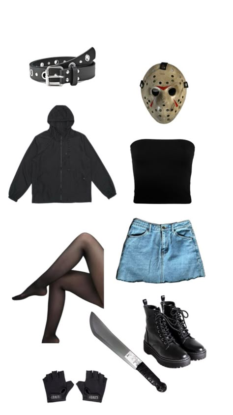 costume jason voorhees fantasia halloween feminina female idea terror Cute Jason Costume, Jason Voorhees Costume Female, Short Hair Costume Ideas Halloween, Halloween Costumes Women Aesthetic, Jason Halloween Costume, Halloween Costumes Female, Jason Costume, Jason Voorhees Costume, Hot Halloween Costumes Women