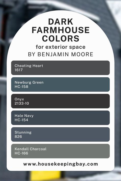 Dark Benjamin Moore Farmhouse Colors For Exterior Space Benjamin Moore Obsidian, Newburg Green Benjamin Moore Exterior, Bm Hale Navy, In The Midnight Hour Benjamin Moore, Newburg Green Benjamin Moore, Green Paint Colors Benjamin Moore, Mount Saint Anne, French Countryside Home, Dark Blue Houses