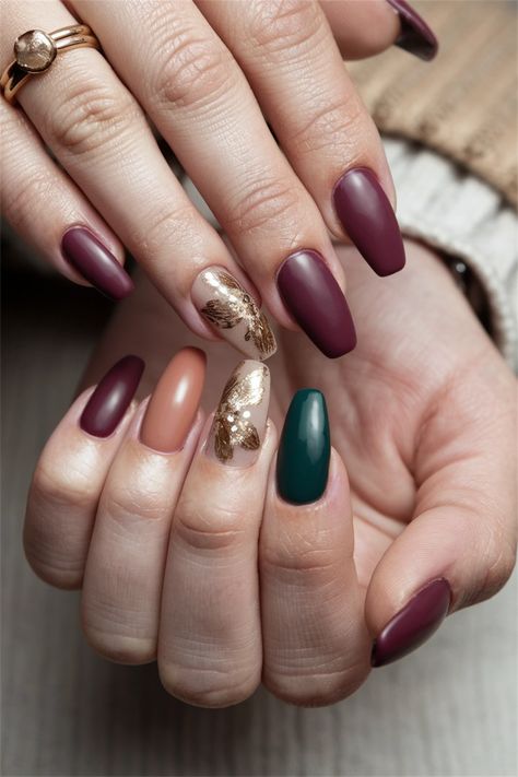 Embrace the spirit of autumn with these stunning coffin fall nail ideas! Picture a rich burgundy base adorned with delicate golden leaf accents that capture the essence of fall foliage. This sophisticated design not only enhances the elegance of your nails but also adds a touch of warmth to any outfit. Perfect for pumpkin spice dates or festive gatherings, these nails are a must-try for the season! Golden Leaf Nails, Sweater Nails, Golden Leaves, Fall Nail Designs, Fall Foliage, Fall Looks, You Nailed It, Nail Designs, Nail Art