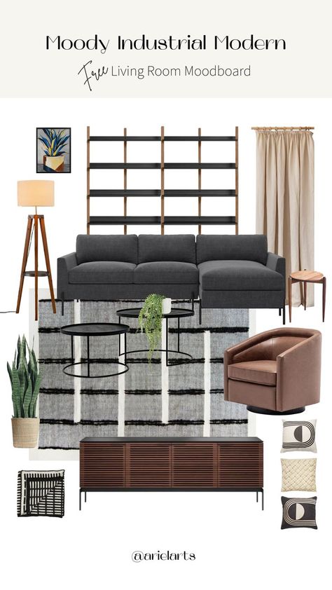 Interior design moodboard Industrial Masculine Modern Living Room, Modern Moodboard, Moody Industrial, Just Out Of Reach, Havenly Living Room, Black Living Room Decor, Basement Furniture, Beige Living Rooms, Sofa With Chaise