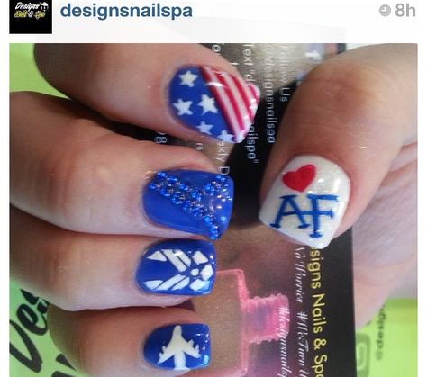 Air Force nails Air Force Nails Designs, Air Force Nails, Airforce Moms, Claire Nails, Military Nails, Emo Nails, Claire's Nails, Patriotic Nails Design, Flag Nails