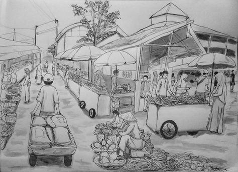 3 Point Perspective Human Figures, Market Perspective Drawing, Market Scene Drawing In Perspective, Village Market Drawing, Market Scene Sketch, Market Memory Drawing, Market Place Drawing, Market Scene Drawing, Scenario Sketch