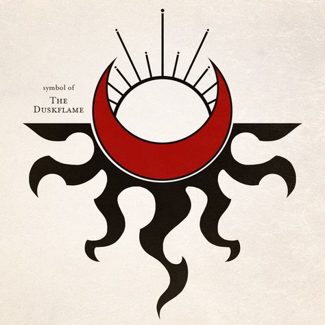 Small text reads "symbol of the duskflame". There is an image of a sun sinking into a dark, blood red moon that radiates fiery black shadows Dnd God Symbols, Dark Souls Symbols, Dark Magic Symbols, Wizard Symbols, Fantasy Heraldry, Fantasy Symbols, Clan Symbols, Medieval Props, Leather Templates