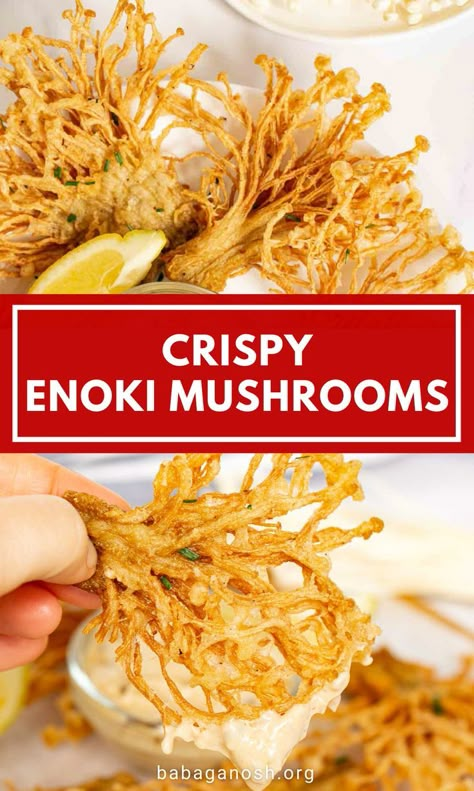 Mushroom Tempura, Enoki Mushroom Recipe, Mushroom Appetizer, Fried Mushroom Recipes, Chili Aioli, Mushroom Recipes Vegan, Mushroom Side Dishes, Enoki Mushrooms, Vegan Appetizer