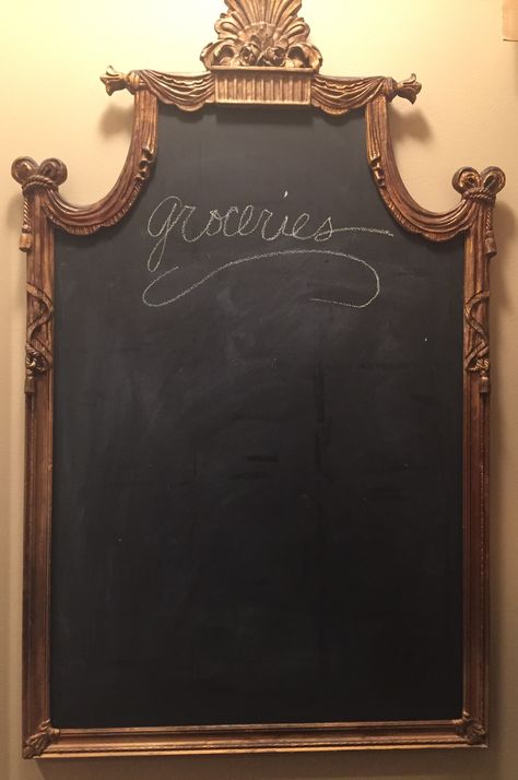 My pantry blackboard- in a vintage frame. (DIY) Bronze paint, Masonite, blackboard paint Blackboard Paint Ideas, Italian Restaurant Chalkboard Ideas, Vintage Menu Board, Dark Academia Chalkboard, French Bistro Decor, French Chalkboard, Gold Framed Chalkboard, Picture Frame Chalkboard, Chalkboard Walls