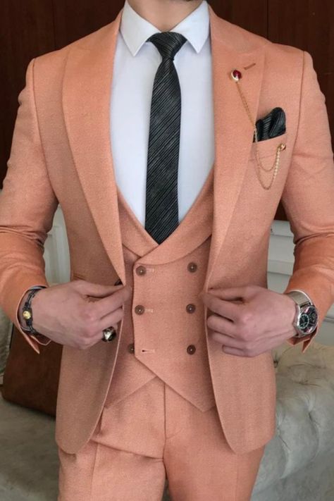 This is a peach orange suit paired with a double breasted vest / waistcoat. Suits for wedding wear come in all color schemes and style options, making the options endless for you! Book an appointment with Giorgenti to have this custom made for you. Peach Color Suit Men, Peach Colour Suit For Men, Peach Tuxedo Men, Peach Suit, Peach Suit Men, Orange Groom Suit, Tux Colors, Young Marriage, Color Melon