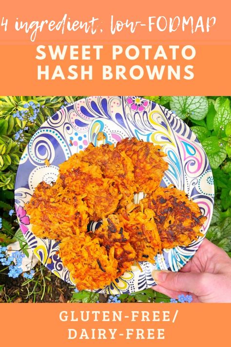 Low Fodmap Vegan, Fodmap Vegan, Ibs Friendly Food, Sweet Potato Hash Browns, Gluten Free Sweet Potato, Gut Health Recipes, Hashbrown Recipes, Dairy Free Breakfasts, Potato Hash