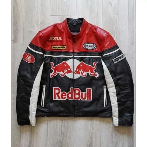 redbull red & black motorcycles leather jackets. kuhstore.com Racing Leather Jacket, Trendy Leather Jacket, Racer Jackets, Motorbike Leathers, Men Jackets, Racing Jacket, Real Leather Jacket, Leather Denim, Biker Leather