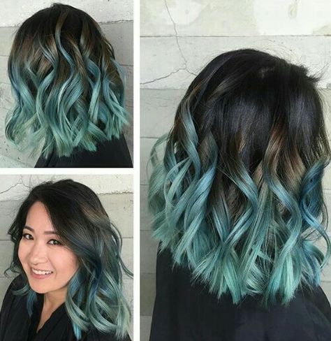 Ombré w/ teal. Aqua Balayage Hair, Brown To Teal Ombre Hair, Brown To Green Ombre Hair, Teal Highlights In Brown Hair, Teal Hair Streaks, Teal Hair Ombre, Teal Balayage, Matilda Hair, Teal Ombre Hair