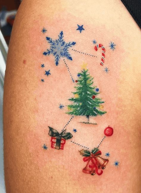 Christmas Tattoo Design Images (Christmas Ink Design Ideas) Tiny Christmas Tattoo, Christmas Tree Tattoo Ideas, Holiday Tattoo Ideas, Christmas Tree Tattoo, Christmas Tattoo Ideas, Christmas Tattoos, Snowflake Tattoo, Winter Tattoo, Belle Tattoo