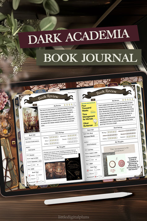 Dark Academia Reading Journal - Digital Reading Journal open on ipad pro, dark academia style desk setup Reading Bracket, Dark Academia Reading, Reading Journal Book Review, Journal Book Review, Journal For Goodnotes, Book Bingo, Dark Academia Book, Reading Stickers, Digital Reading Journal