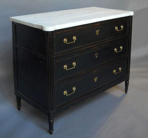 Marble-top swedish dresser Dresser Makeover Black, Antique Dresser Makeover, Marble Top Dresser, Restored Furniture, Entry Mudroom, Gray Chalk Paint, Black Dressers, Scandinavian Interiors, Black Sideboard