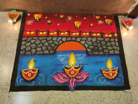 Diwali special unique scenic Rangoli- Festival of lights themed Rangoli Diwali Special 3d Rangoli, Diwali Rangoli Ideas Unique, Diwali Theme Rangoli, Happy Diwali Rangoli Designs Unique, 3d Rangoli Designs Diwali, Diwali Rangoli Designs Unique 2024, Unique Rangoli Designs Diwali Latest, Rangoli Designs Latest Unique For Diwali, Unique Rangoli Designs Beautiful