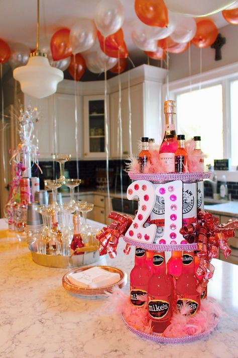 21st Birthday Cabin Party, 21st Birthday Sleepover, 21 Alcohol Cake Tower, College 21st Birthday Party, Themes For 21st Birthday Party, 21 Bday Decorations, Alcohol Tower 21st Birthday, Alcohol Cake Tower, 21st Birthday Food Ideas