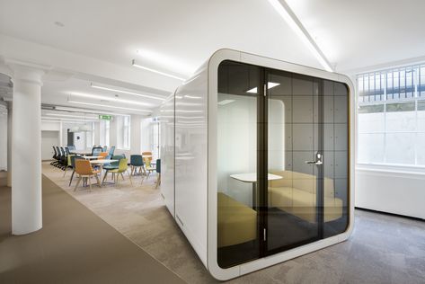 Framery office meeting pod with acoustic padding, integral light, table and seating with power and data for laptop, phones and monitors. #meeting #meetingroom #officepods #pods #meetingpods #officemeetingpods #acousticpods #workspace #workplace #office #officedesign #officeinteriordesign #officedesign #officedecor #workspacegoals #workspaceinspiration #interiordesign #officefurniture #officedesign #spaceplanning #roomwithinroom Meeting Pods, Office Booth, Smart Home Ideas, Meeting Tables, Commercial And Office Architecture, Modern Office Interiors, Smart Glass, Office Pods, Office Fit Out