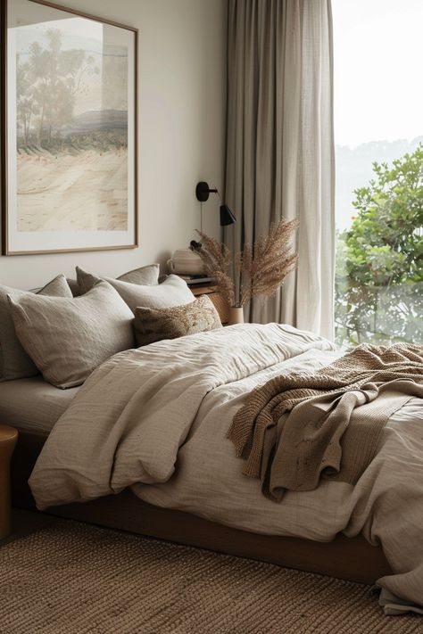 Bed Styling Neutral, Neutral Bedroom Palette, Brown And Tan Bedding, Japandi Bedding, Neutral Brown Bedroom, Black White Brown Bedroom, Tan Bedding, Tan Bedroom, Taupe Bedding