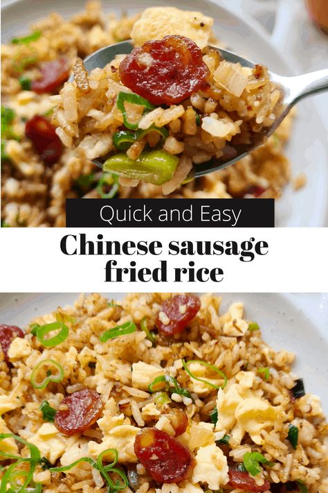 Chinese sausage fried rice Budget Chinese Recipes, Lap Cheong Fried Rice, Lap Xuong Recipes, Chinese Style Sausage Recipes, Lap Cheong Recipe, Recipes With Chinese Sausage, Noodle Meals, Fried Rice Chinese, Sausage Fried Rice