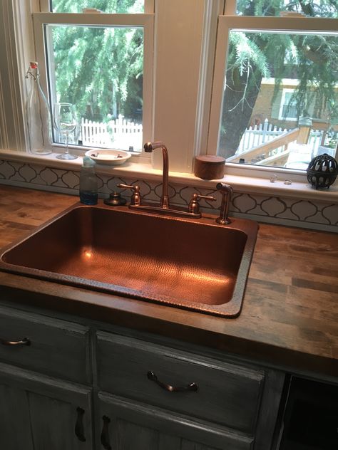 Copper Sink Butcher Block Counter, Navy White Copper Kitchen, Copper Sink Wood Countertop, Copper Sink With Butcher Block Counter, Copper Finishes Kitchen, Cooper Sink Kitchen, Copper Countertops Kitchen, Copper And White Kitchen, Kitchen With Copper Sink