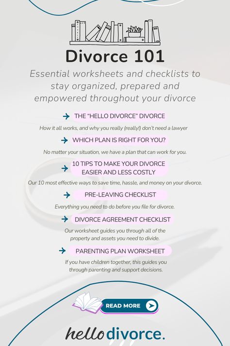 This comprehensive download compiles all the worksheets, plans, and checklists you need to organize yourself before, during, and after your divorce. Hello Divorce helps make this process as easy and affordable as possible. Use this download to help you plan, and reach out to us to schedule a free intro call, or select one of our less-stress divorce plans. https://hellodivorce.com/ready-for-divorce/divorce-101 Divorce Planner, Divorce Checklist, Divorce Forms, Divorce Agreement, Legal Separation, Divorce Support, Divorce Mediation, Divorce Help, Divorce Advice