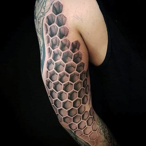 80 Honeycomb Tattoo Designs For Men - Hexagon Ink Ideas Geometric Tattoo Sleeve Designs, Hexagon Tattoo, Honeycomb Tattoo, Tattoo Sleeve Filler, Tattoo 3d, Geometric Sleeve Tattoo, Optical Illusion Tattoo, Tattoo Filler, Muster Tattoos