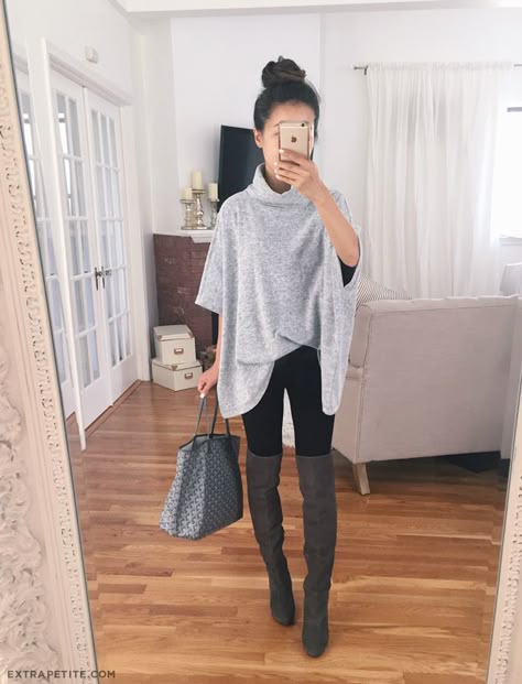 Easy fall outfit: poncho sweater, black leggings, over the knee boots (these run narrow & fit petites!). Click the image to shop! 100 Winter Outfits, Big Sweater, Sweater Leggings, Knee Boots Outfit, Looks Jeans, 2016 Fall, Sweater Poncho, Simple Fall Outfits, Winter Closet