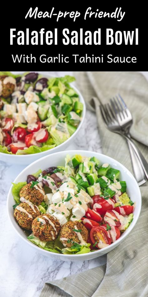 Made with crispy air fryer falafel, romaine lettuce, tomato, cucumber, olives, feta cheese and garlic tahini sauce, this falafel salad bowl is perfect as a make-ahead lunch or dinner. This falafel bowl is healthy, filling and full of protein with an option of swapping or adding your choice of veggies, so you can make this bowl any way you like. What To Eat With Falafel Balls, Greek Falafel Bowl, Falafel Meal Prep, Vegan Falafel Bowl, Falafel Buddha Bowl, Falafel Salad Recipe, Healthy Falafel Bowl, Healthy Pasta Bowls, Falafel Recipe Air Fryer