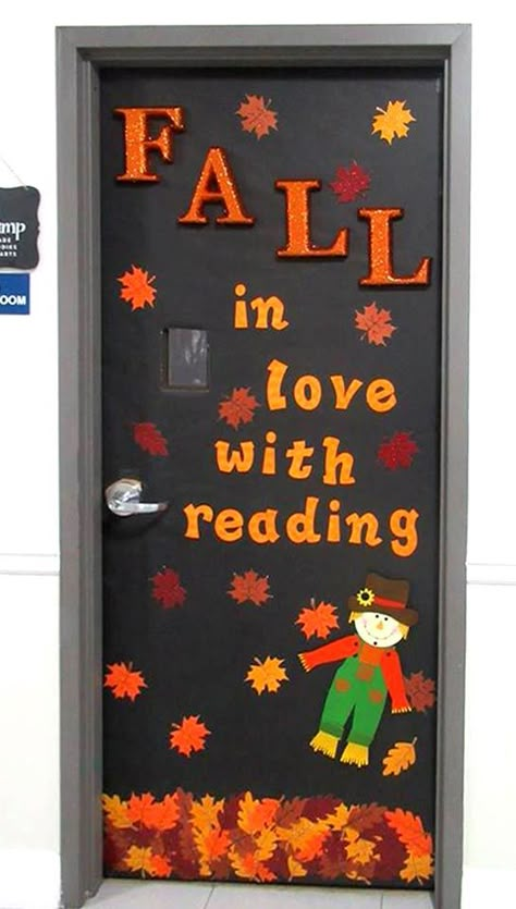 Fall Door Decoration Ideas "Fall in love with reading". Thanksgiving Classroom Door, Halloween Door Decorations Classroom, Fall Classroom Door, Fall In Love With Reading, Halloween Classroom Door, Door Decoration Ideas, Christmas Classroom Door, Thanksgiving Classroom, Fall Classroom Decorations