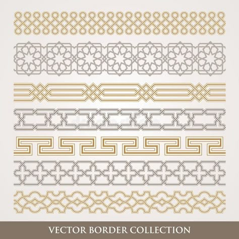 Islamic Seamless Geometric Border Set Stock Vector - Illustration of arabesque, gold: 108018574 Geometrical Border Design, Simple Islamic Motifs, Islamic Art Pattern Arabesque, Islamic Motifs Design, Islamic Border Design Frames, Islamic Patterns Vector, Geometric Border Design, Islamic Patterns Geometric, Arabic Pattern Design