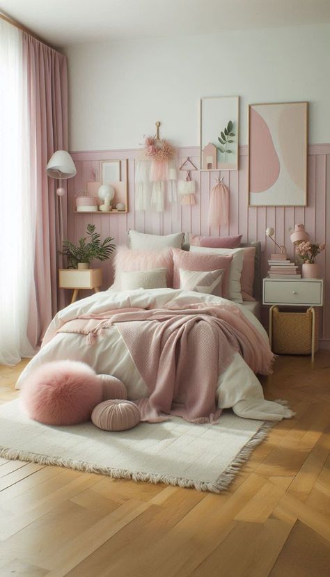 Cozy Bedroom For Teenage Girl, Teen Room Makeover Inspiration, Neutral Girls Bedroom Ideas, Cozy Teen Girl Bedroom, Girls Accent Wall Bedroom, Dusty Rose Room, Girly Room Ideas For Women, Cozy Pink Bedroom, Christian Bedroom