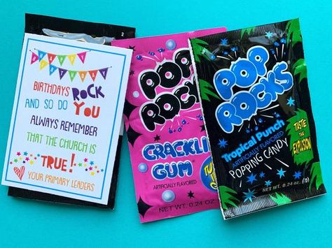 NEW! Primary and Relief Society PRINTABLES. Primary Birthday Gifts, Primary Christmas Gifts, Pop Rocks Candy, Birthday Tree, Primary Presidency, Lds Gifts, Gift Tag Labels, Church Gifts, Birthday Gift Tags