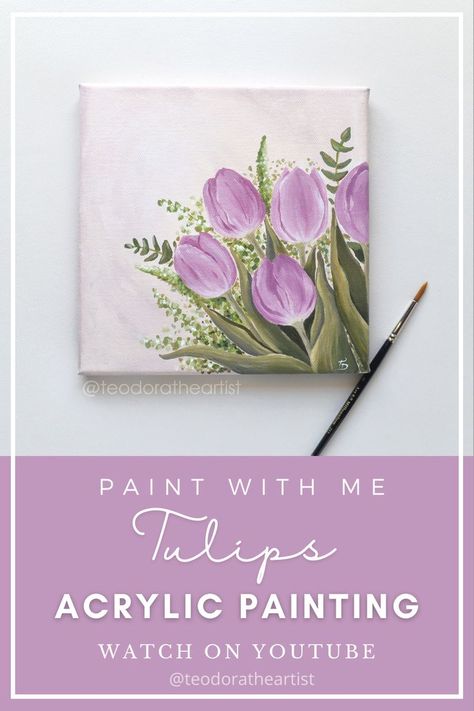 Painting On Small Canvas, Painting Ideas On Canvas Simple, Floral Paintings Acrylic, Fall Canvas Painting, Canvas Flowers, Painting Flowers Tutorial, Tulip Painting, Acrylic Painting Flowers, Small Canvas Paintings