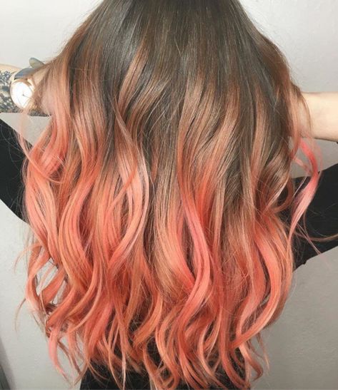 Long Hairstyles For Summer, Coral Hair Color, Hairstyles For Summer, Coral Hair, Coral Ombre, Gradient Hair, Dip Dye Hair, Hair Diffuser, Peach Hair