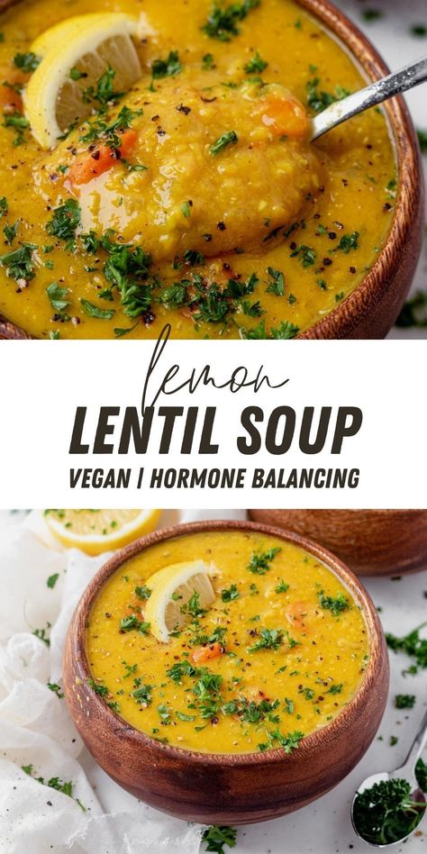 This easy, lemon lentil soup is the perfect for everyday lunches and dinner. It's a low glycemic and filled with protein and fiber. Lentils are an easy, and inexpensive way to get more plant-based fiber and protein into your diet. Lentils are packed with B vitamins, magnesium, zinc and potassium and are low glycemic, which means they're great for balancing hormones and blood sugar. High Fiber Lentil Soup, Alkaline Lentil Soup, Fertility Lentil Soup, Lemon Lentil, Fiber Soup, Hormone Balancing Soups, Gluten Free Lentil Soup, Low Glycemic Plant Based Recipes, Hormone Balancing Soup Recipes