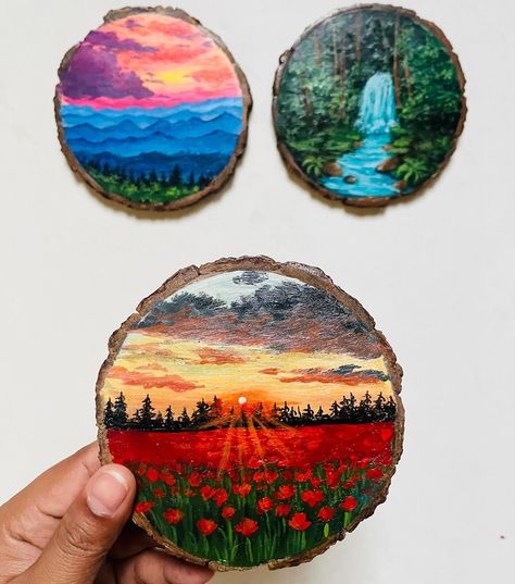 Customised Coasters🌸 (shipping worldwide) Acrylic paints on 4 inches wooden coasters. . [acrylic, coasters, diy, canvas, nature, landscape, painting, art, artist] #acrylicpainting #acrylicpaintings #painting #artist #artwork #tulips #landscape Tulips Landscape, Art Diary Ideas, Nature Landscape Painting, Experimental Painting, Acrylic Coasters, Coasters Diy, Butterfly Art Painting, Night Sky Painting, Acrylic Paint On Wood