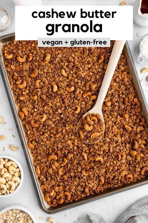 This cashew butter granola recipe is healthy, easy, vegan, and gluten-free! It's made with pantry staples like cashews, coconut, coconut oil, and maple syrup. This coconut cashew granola is a sheet pan recipe and requires no stovetop. It's great for kids, breakfast on the go, and a quick afternoon snack. Enjoy it with milk, yogurt, or as a topping for smoothies and more! #granola #granolarecipe #cashewbutter #homemadegranola #cashewcoconut #coconutcashew #cashews #granolrecipes #granolabowl Kids Breakfast On The Go, Cashew Granola, Kids Breakfast, Pan Recipe, Granola Recipe, Afternoon Snack, Cashew Butter, Breakfast On The Go, Granola Recipes